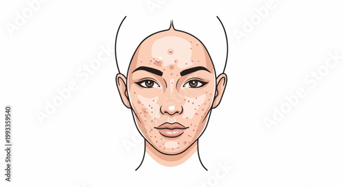 Illustration of a woman's face with numerous blemishes and pimples