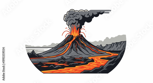 Illustration of a volcanic eruption with molten lava flowing into a body of water