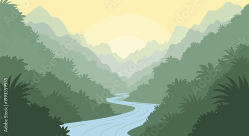 Lush, green valley with a winding river under a hazy, yellow sky and layered mountains