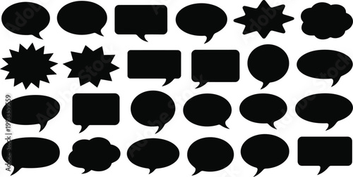 Various black communication speech bubbles and thought clouds presented on a clear white surface
