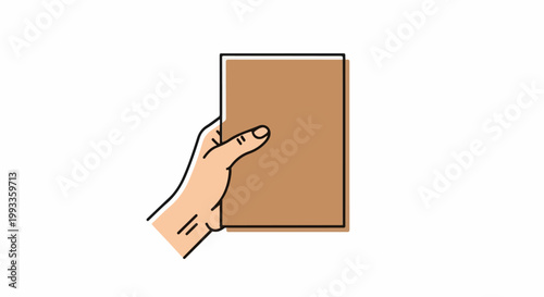 Hand holding a plain brown rectangular object with a minimalist outline and fill
