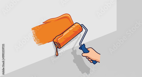 Hand holding a paint roller applying orange paint to a white wall, with a drip falling