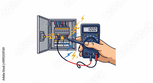 Hand holding a multimeter to test electrical panel connections, sparks fly