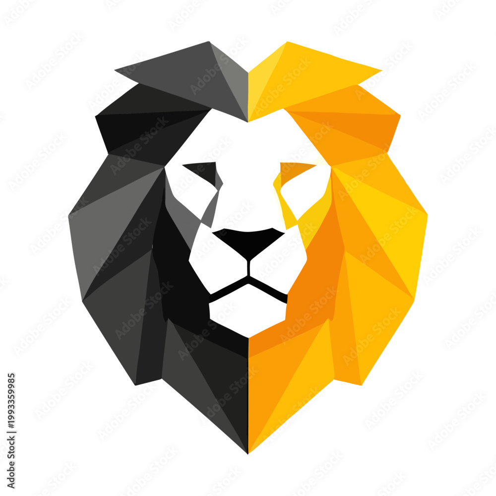 Fototapeta premium Modern 3D lion head logo symbol with split black and yellow color scheme