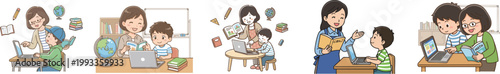 Helpful teacher or mother assisting a young student with his laptop while holding a book in an educational setting, set vector japanese cartoon art isolated on white