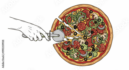 Hand cutting a delicious pizza loaded with toppings like pepperoni, olives, and peppers