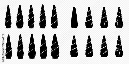 Set of black unicorn horns and spiral horns isolated on transparent background, vector illustration for fantasy and magic designs.
