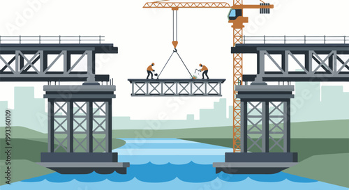 Industrial bridge construction over water with crane and workers