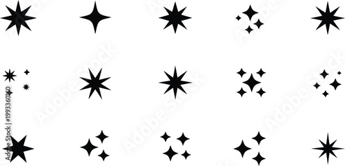 Various black sparkle and star shaped icons are perfectly arranged on a crisp white background