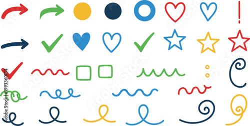 Hand drawn doodle elements collection featuring colorful arrows hearts stars checkmarks and decorative swirling lines icons