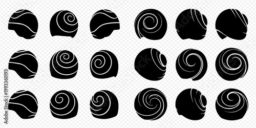 Set of chocolate truffles, bonbons, and pralines with various decorative swirls, isolated on transparent background.