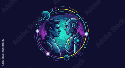 Human and robot face each other in a colorful cosmic portal