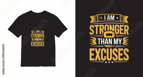 Stronger than my excuses motivational typography tshirt design with kettlebell icon for fitness lovers.