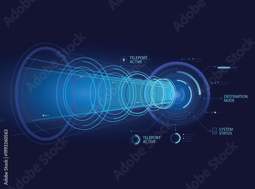 Futuristic blue teleportation portal HUD with glowing concentric circles, light beams, and digital UI elements high tech wormhole