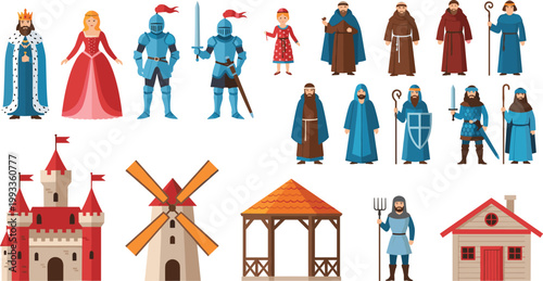 Medieval Village and Characters Collection Featuring King Queen Knights Monks Peasants Castle Windmill and Houses for Historical Illustration Design.