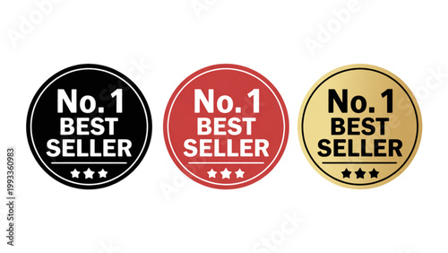 Three round badges proudly declaring no.1 seller status with vibrant red, blue, and black color variations. Vector