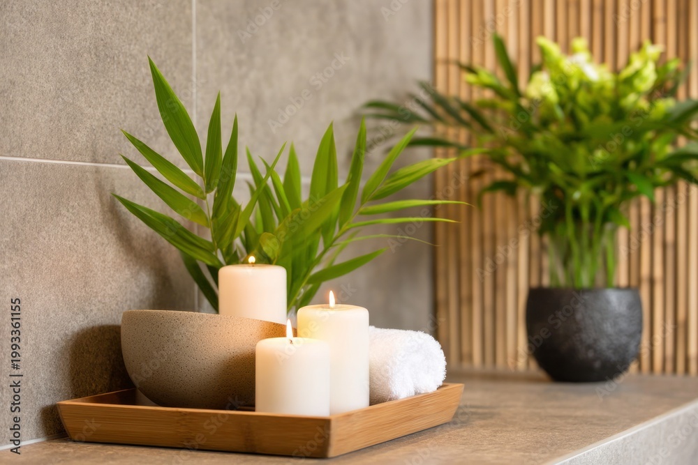 Obraz premium Serene Spa Arrangement with Candles, Clean Textures, and Calm Earthy Tones for Relaxation
