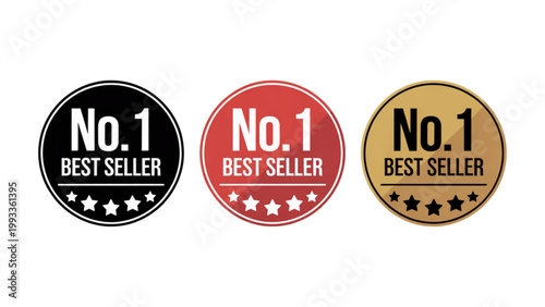 Three vibrant no 1 ranking badges displayed side by side with distinct color schemes for top achievement recognition. Vector