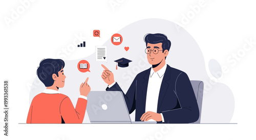 Mentorship concept: Teacher guiding student with laptop, icons of learning and communication