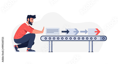 Man stopping conveyor belt with boxes, business process control, workflow management concept