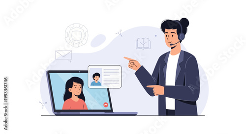 Online customer support agent helping client via video call on laptop