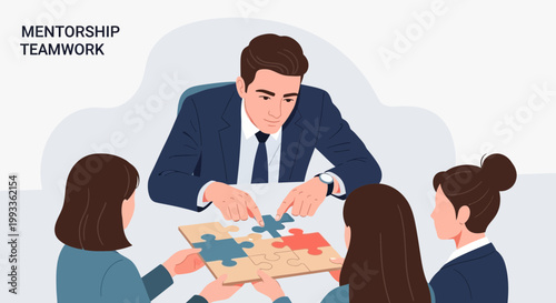 Mentorship teamwork: business people solving puzzle together, collaboration concept