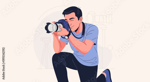 Photographer Kneeling Capturing Image with Professional Camera
