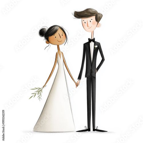 Bride and Groom Smiling Illustration Isolated on White Background