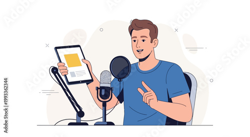 Podcaster broadcasting live on tablet, holding microphone, gesturing peace sign