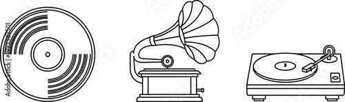 Vintage Music and Audio Equipment Icon Set Featuring Vinyl Record, Gramophone, and Turntable Player for Retro Sound Technology and Classic Entertainment Vector Line Design