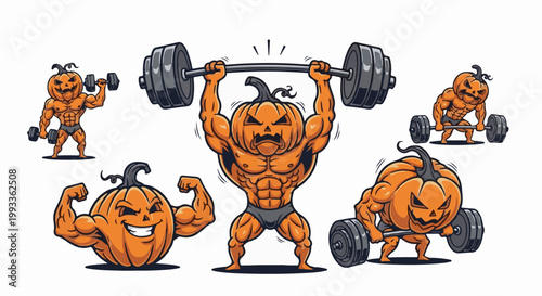 Muscular pumpkins with jack-o'-lantern faces lift weights and flex