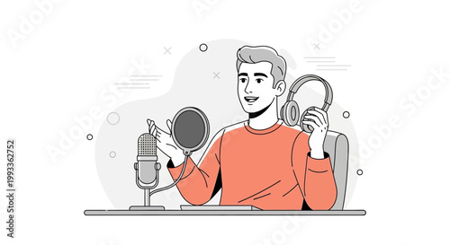 Podcaster Speaking into Microphone with Headphones, Recording Audio