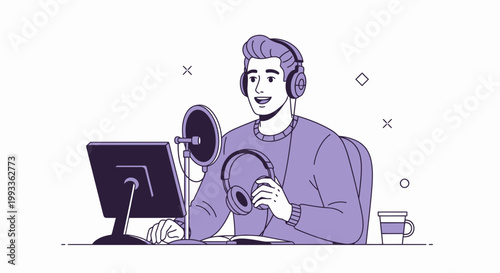 Podcaster with Headphones and Microphone Recording Audio at Desk with Computer and Coffee