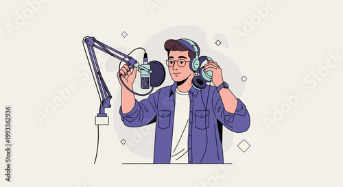 Podcaster with Headphones and Microphone Recording Audio in Studio