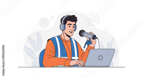 Podcaster with Headphones and Microphone Recording Audio on Laptop