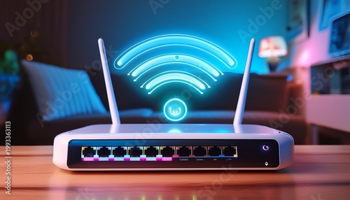close up of wifi technology wifi router on living room table with holographic wifi sign and with antenna in neon lighting high speed home internet concept