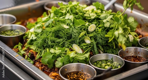 Vibrant buffet tray of seasoned meat topped with fresh herbs, scallions and sauces in metal containers, highlighting flavorful catering, street food and shared dining experience

