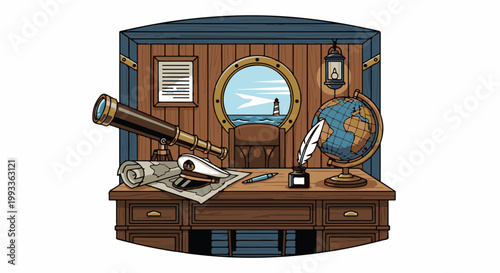 Nautical captain's office with telescope, globe, maps, and sea view through porthole