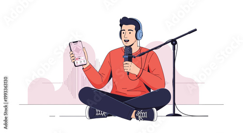 Podcaster with Headphones and Microphone Recording Audio on Smartphone