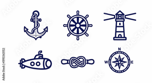 Nautical icons anchor, ship's wheel, lighthouse, submarine, knot, compass