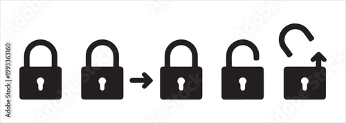 Set of lock icons demonstrating process of unlocking security in sequential steps for design.