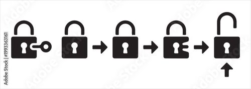 Set of lock icons with key showing process of unlocking security in sequential steps.