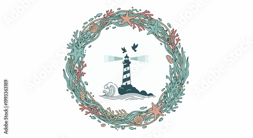 Nautical wreath with lighthouse, waves, birds, shells, starfish, and coral