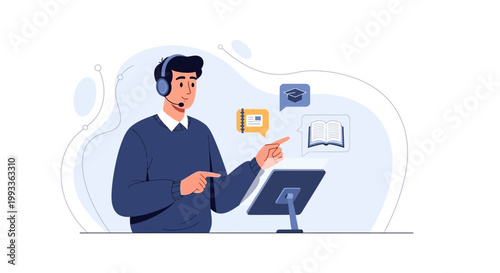 Man with headset pointing at tablet with educational icons, online learning concept