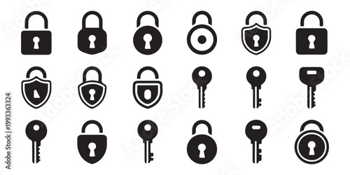 Collection of various black lock and key icons isolated on transparent background for design.