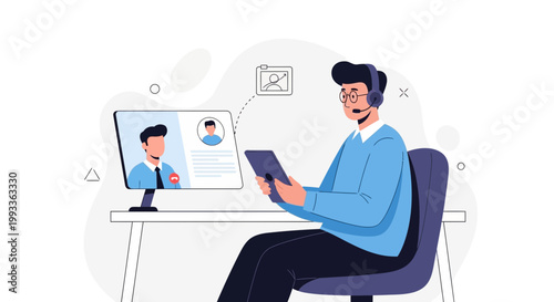 Man with headset and tablet in video call with colleague on computer screen