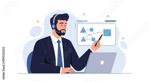 Man with headset presenting business strategy on laptop and whiteboard, online meeting concept