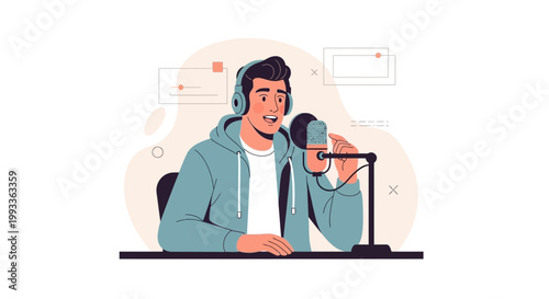 Podcaster with Headphones Speaking into Microphone, Recording Studio Setup