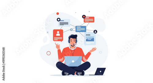 Man with headset juggling tasks and information, remote work concept