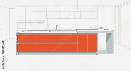 Modern kitchen interior design sketch featuring vibrant orange cabinets and a sleek countertop